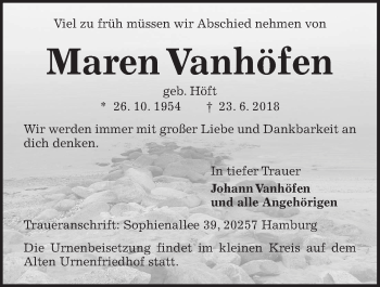 Traueranzeige von Maren Vanhöfen von Kieler Nachrichten