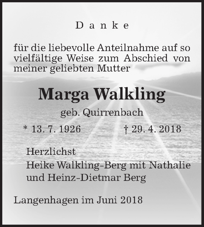  Traueranzeige für Marga Walkling vom 16.06.2018 aus Hannoversche Allgemeine Zeitung/Neue Presse