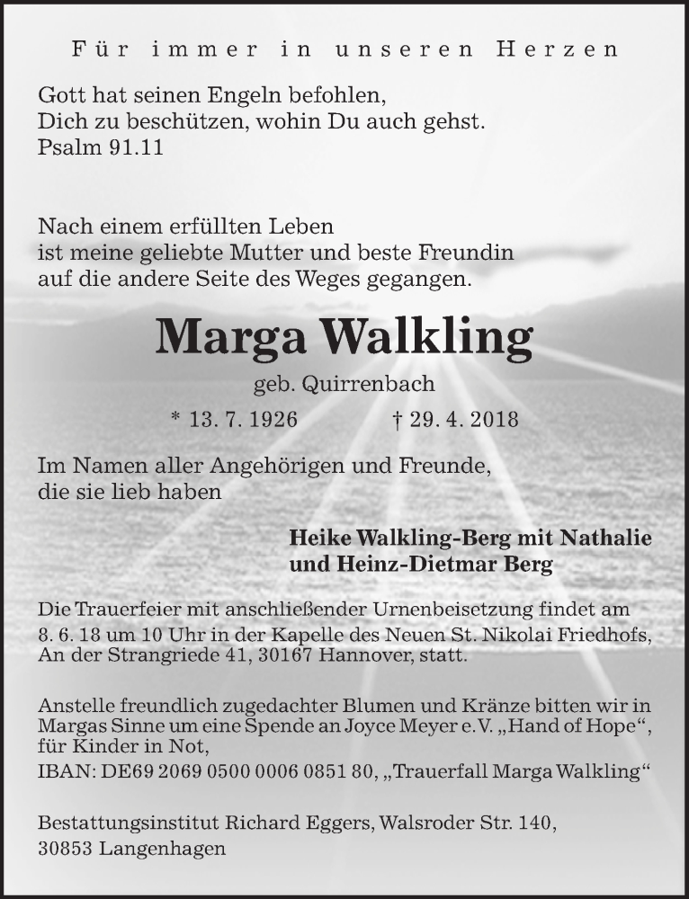  Traueranzeige für Marga Walkling vom 02.06.2018 aus Hannoversche Allgemeine Zeitung/Neue Presse