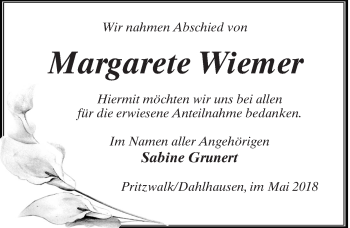 Traueranzeige von Margarete Wiemer von Märkischen Allgemeine Zeitung