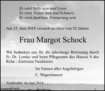 Traueranzeige von Margot Schock von Ostsee-Zeitung GmbH