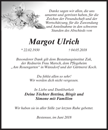 Traueranzeige von Margot Ulrich von Märkischen Allgemeine Zeitung