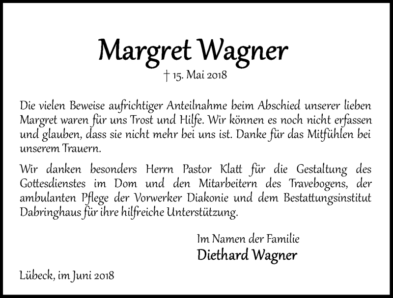  Traueranzeige für Margret Wagner vom 10.06.2018 aus Lübecker Nachrichten