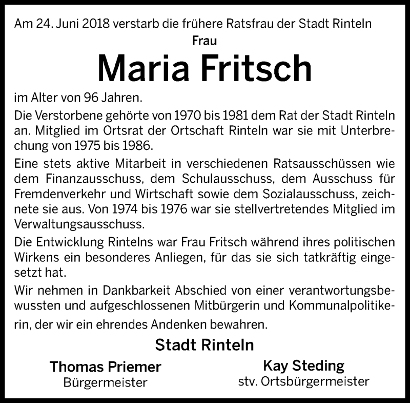  Traueranzeige für Maria Fritsch vom 30.06.2018 aus Schaumburger Nachrichten