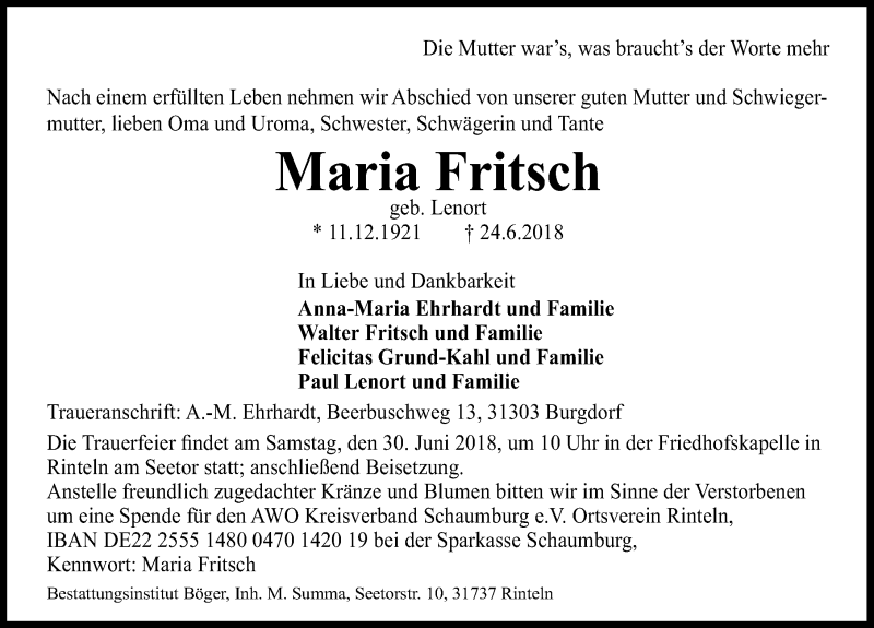  Traueranzeige für Maria Fritsch vom 27.06.2018 aus Schaumburger Nachrichten