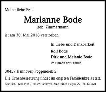 Traueranzeige von Marianne Bode von Hannoversche Allgemeine Zeitung/Neue Presse