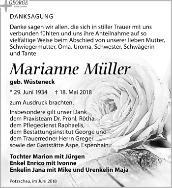 Traueranzeige von Marianne Müller von Leipziger Volkszeitung