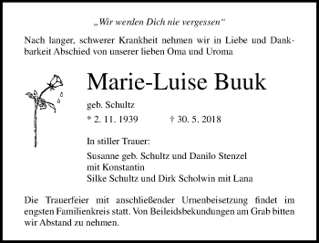 Traueranzeige von Marie-Luise Buuk von Ostsee-Zeitung GmbH