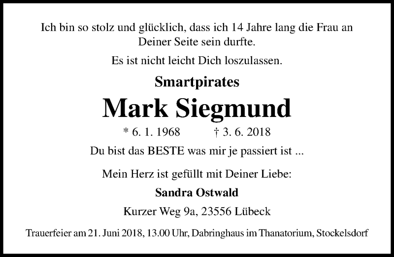  Traueranzeige für Mark Siegmund vom 17.06.2018 aus Lübecker Nachrichten
