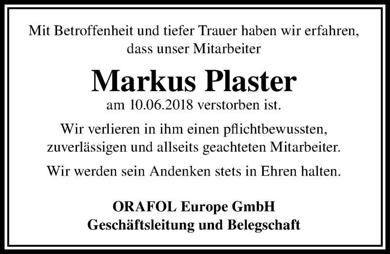  Traueranzeige für Markus Plaster vom 23.06.2018 aus Märkischen Allgemeine Zeitung