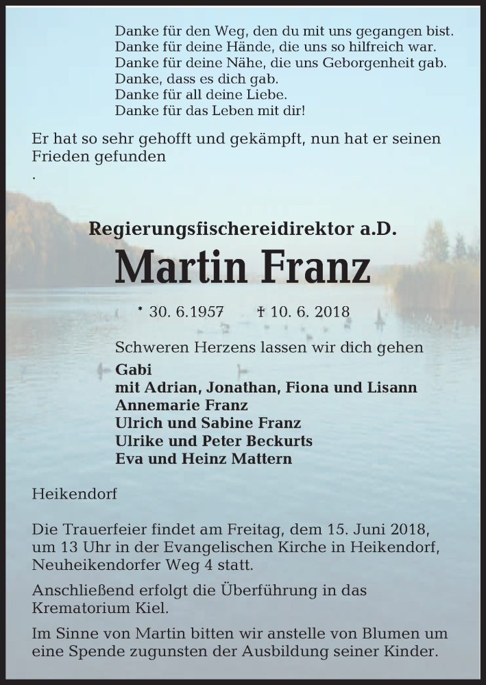  Traueranzeige für Martin Franz vom 13.06.2018 aus Kieler Nachrichten