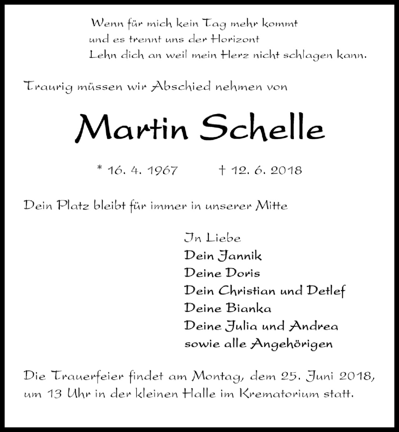  Traueranzeige für Martin Schelle vom 23.06.2018 aus Kieler Nachrichten