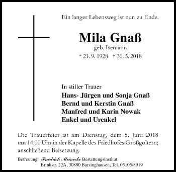 Traueranzeige von Mila Gnaß von Hannoversche Allgemeine Zeitung/Neue Presse
