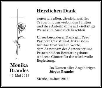 Traueranzeige von Monika Brandes von Peiner Allgemeine Zeitung