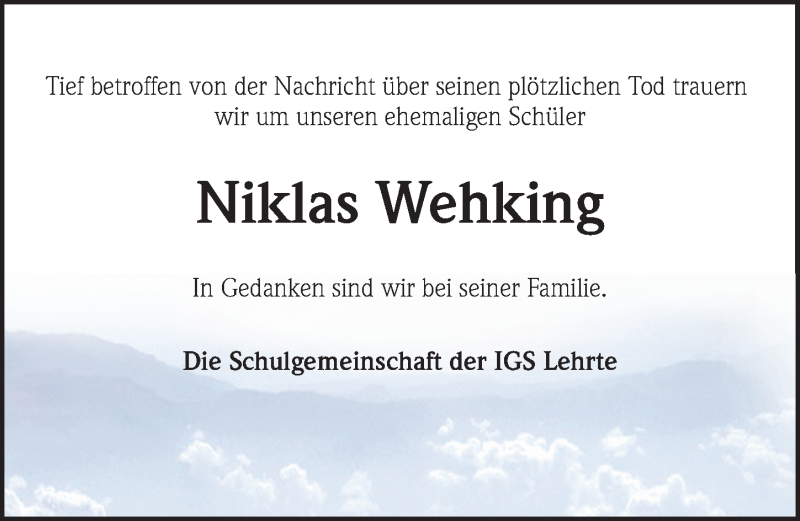  Traueranzeige für Niklas Wehking vom 09.06.2018 aus Hannoversche Allgemeine Zeitung/Neue Presse