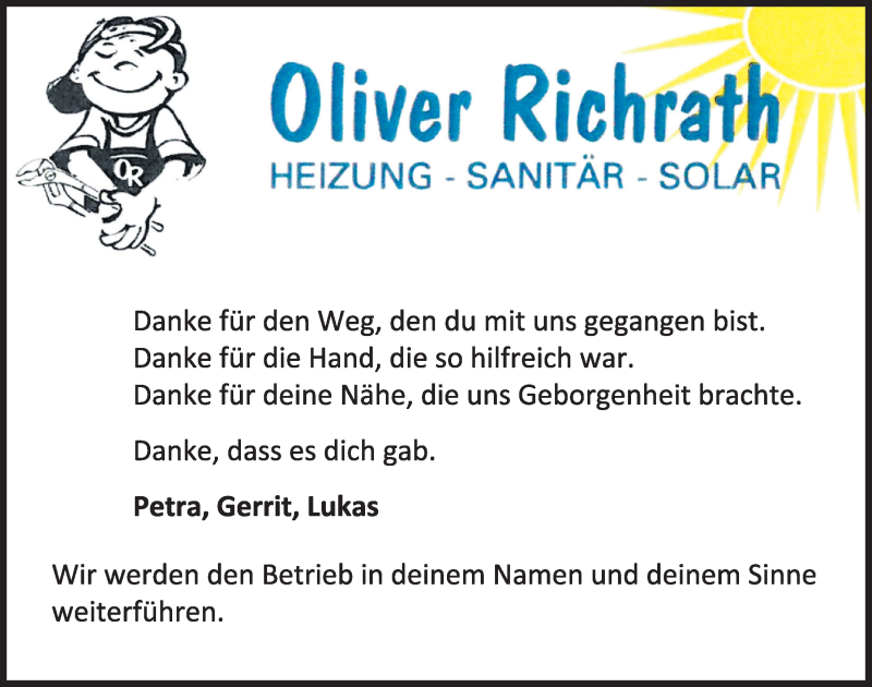  Traueranzeige für Oliver Richrath vom 09.06.2018 aus Kieler Nachrichten