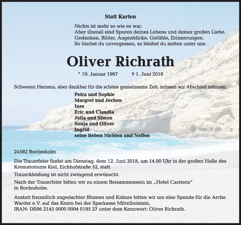 Traueranzeige für Oliver Richrath vom 09.06.2018 aus Kieler Nachrichten