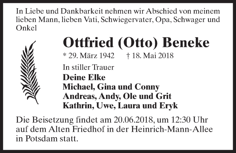  Traueranzeige für Ottfried Beneke vom 09.06.2018 aus Märkischen Allgemeine Zeitung