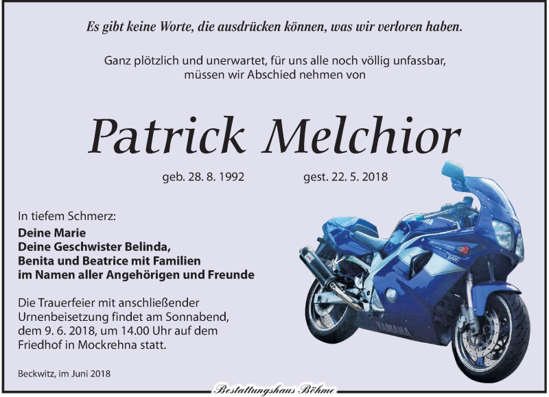 Traueranzeige für Patrick Melchior vom 02.06.2018 aus Torgauer Zeitung