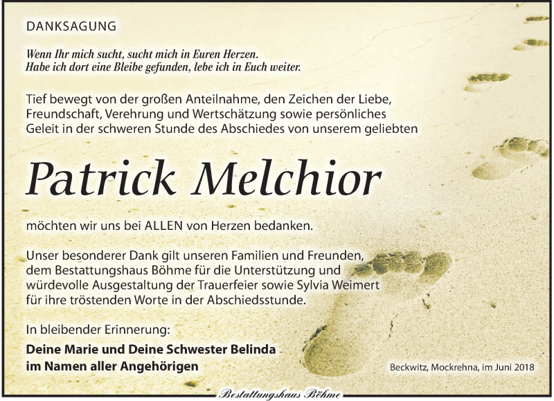  Traueranzeige für Patrick Melchior vom 23.06.2018 aus Torgauer Zeitung