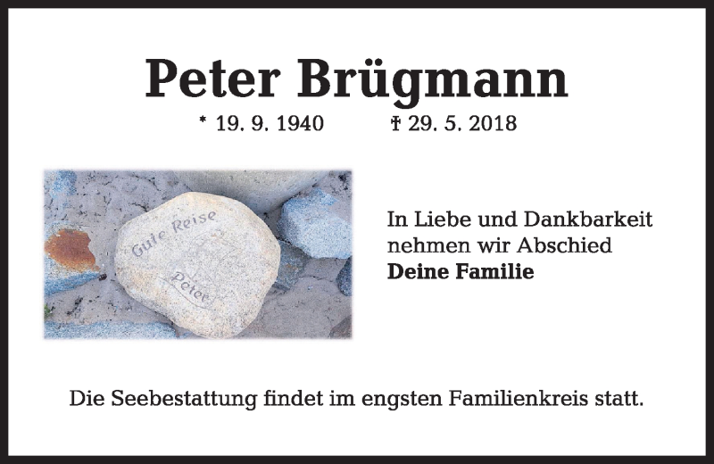  Traueranzeige für Peter Brügmann vom 09.06.2018 aus Kieler Nachrichten
