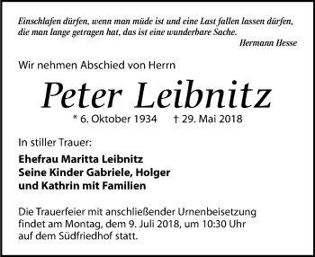 Traueranzeige von Peter Leibnitz von Leipziger Volkszeitung