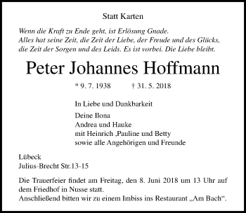 Traueranzeige von Peter Johannes Hoffmann von Lübecker Nachrichten