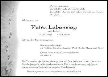 Traueranzeige von Petra Lebensieg von Göttinger Tageblatt