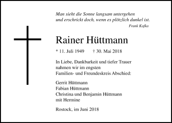 Traueranzeige von Rainer Hüttmann von Ostsee-Zeitung GmbH