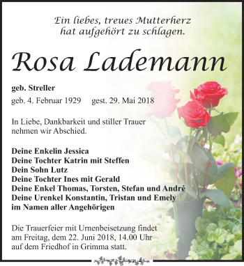 Traueranzeige von Rosa Lademann von Leipziger Volkszeitung