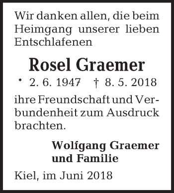 Traueranzeige von Rosel Graemer von Kieler Nachrichten
