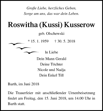 Traueranzeige von Roswitha Kusserow von Ostsee-Zeitung GmbH