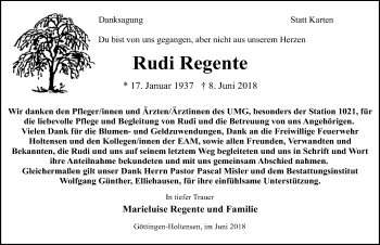 Traueranzeige von Rudi Regente von Göttinger Tageblatt