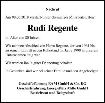 Traueranzeige von Rudi Regente von Göttinger Tageblatt