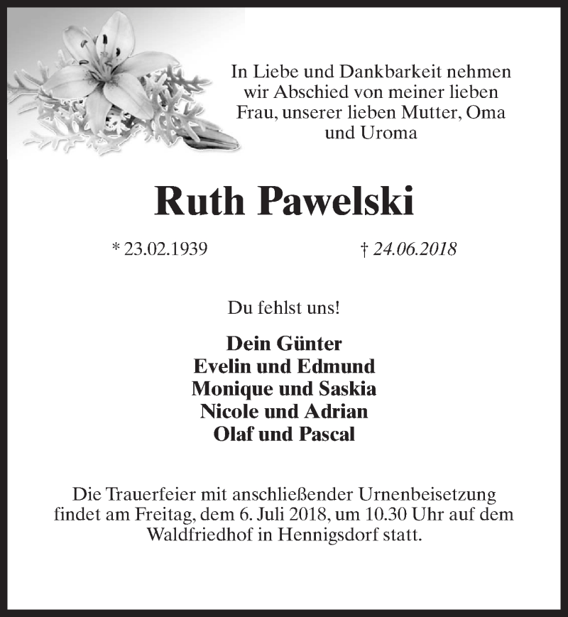  Traueranzeige für Ruth Pawelski vom 30.06.2018 aus Märkischen Allgemeine Zeitung