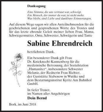 Traueranzeige von Sabine Ehrendreich von Märkischen Allgemeine Zeitung