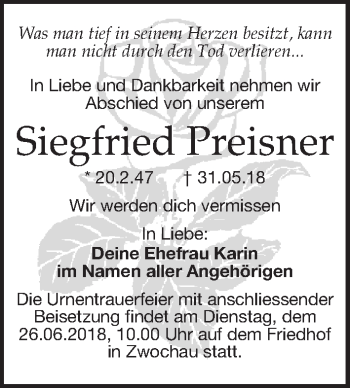 Traueranzeige von Siegfried Preisner von Leipziger Volkszeitung