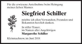 Traueranzeige von Siegfried Schiller von Märkischen Allgemeine Zeitung