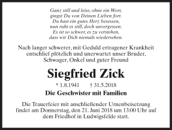 Traueranzeige von Siegfried Zick von Märkischen Allgemeine Zeitung