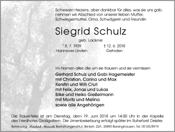 Traueranzeige von Siegrid Schulz von Hannoversche Allgemeine Zeitung/Neue Presse
