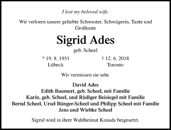 Traueranzeige von Sigrid Ades von Lübecker Nachrichten