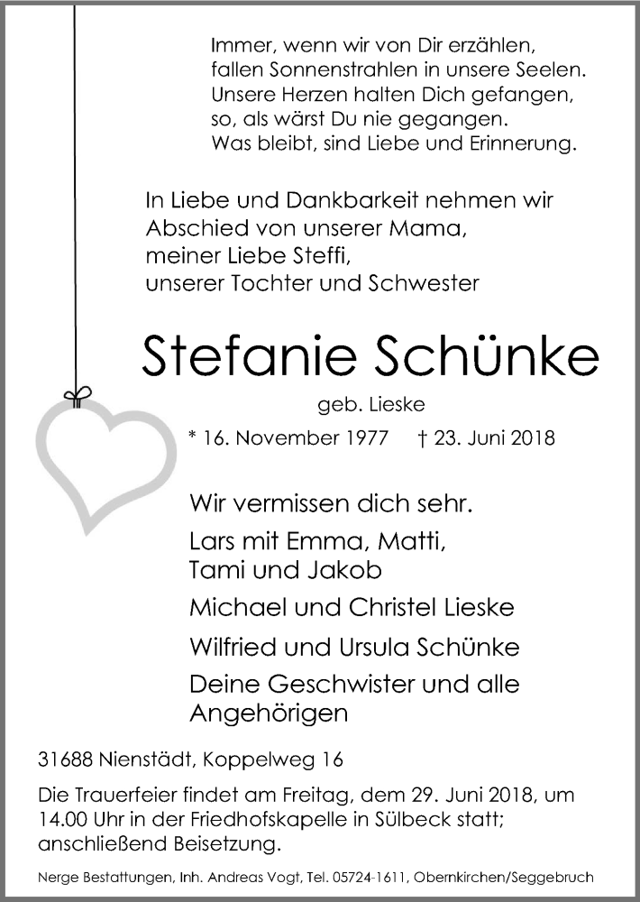  Traueranzeige für Stefanie Schünke vom 27.06.2018 aus Schaumburger Nachrichten