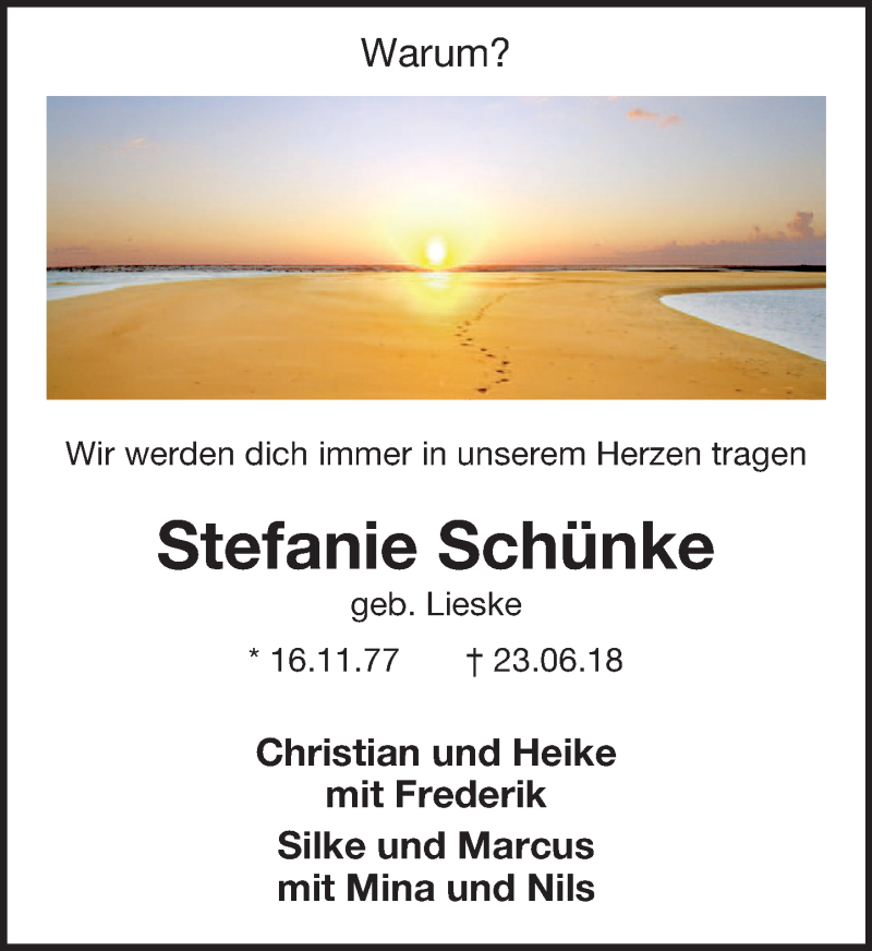  Traueranzeige für Stefanie Schünke vom 28.06.2018 aus Schaumburger Nachrichten