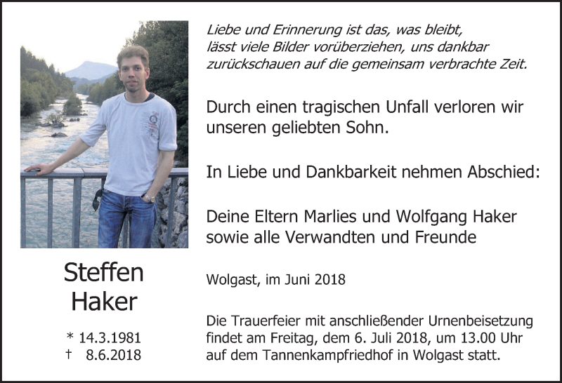  Traueranzeige für Steffen Haker vom 23.06.2018 aus Ostsee-Zeitung GmbH
