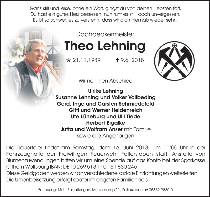  Traueranzeige für Theo Lehning vom 13.06.2018 aus Aller Zeitung