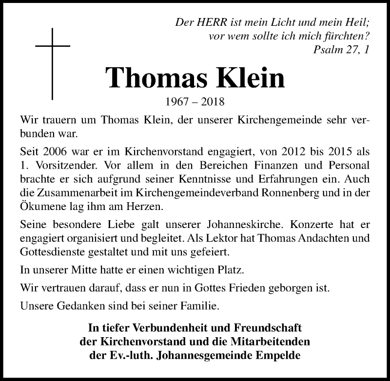  Traueranzeige für Thomas Klein vom 09.06.2018 aus Hannoversche Allgemeine Zeitung/Neue Presse