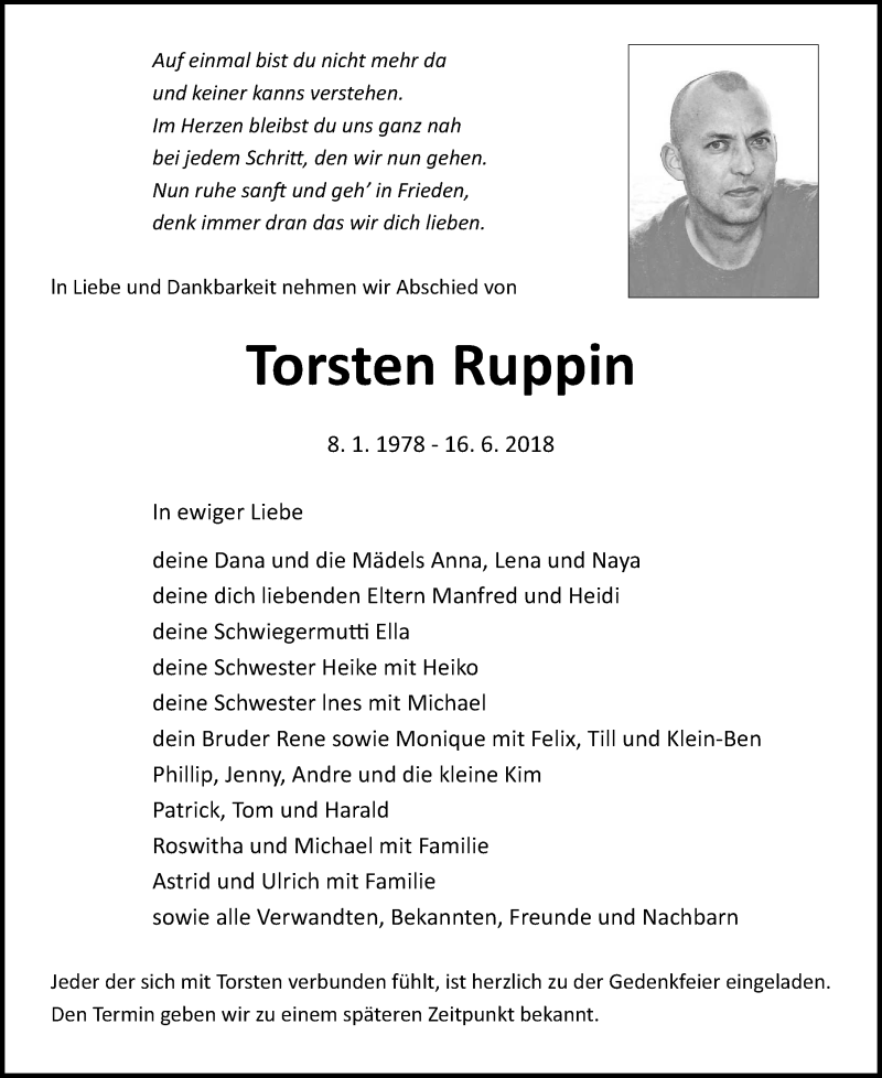  Traueranzeige für Torsten Ruppin vom 23.06.2018 aus Ostsee-Zeitung GmbH