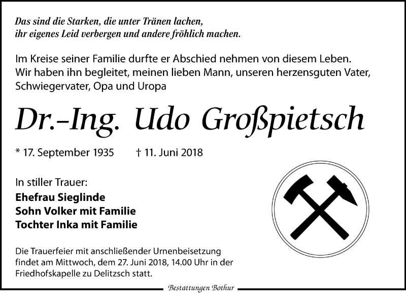  Traueranzeige für Udo Großpietsch vom 16.06.2018 aus Leipziger Volkszeitung