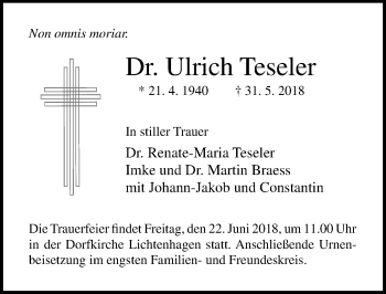 Traueranzeige von Ulrich Teseler von Ostsee-Zeitung GmbH
