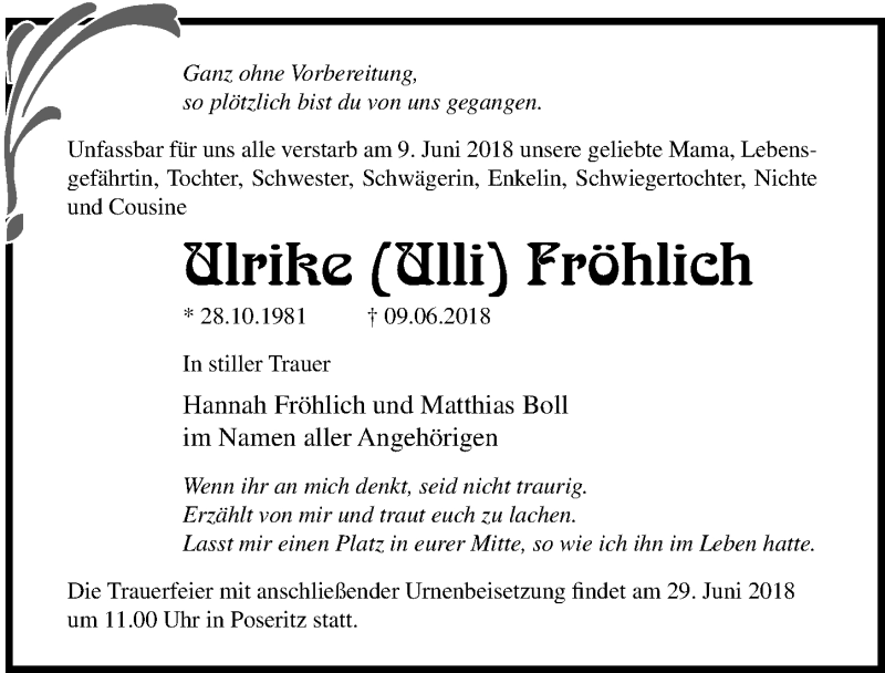  Traueranzeige für Ulrike Fröhlich vom 16.06.2018 aus Ostsee-Zeitung GmbH